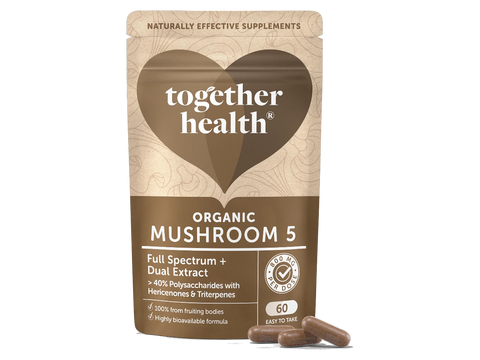 Together Health Organic Mushroom Complex 5 60 Capsules pouch front label packaging with capsules