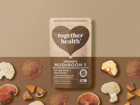 Together Health Organic Mushroom Complex 5 60 Capsules product pouch with mixed mushroom ingredients display