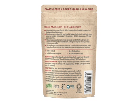 Together Health Organic Reishi Mushroom Supplement 800mg 60 Capsules pouch back label ingredients directions and barcode