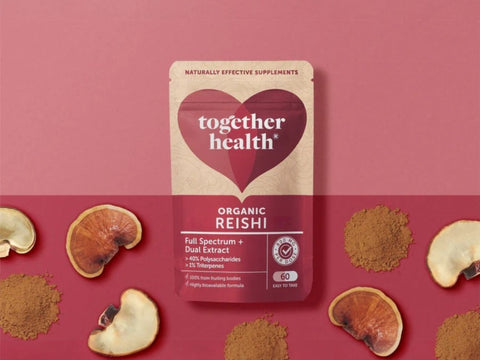 Together Health Organic Reishi Mushroom Supplement 800mg 60 Capsules product pouch with reishi mushrooms and powder display