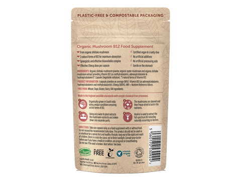 Together Health Organic Vitamin B12 from Mushrooms 20 mcg 30 Capsules pouch back label ingredients directions and barcode