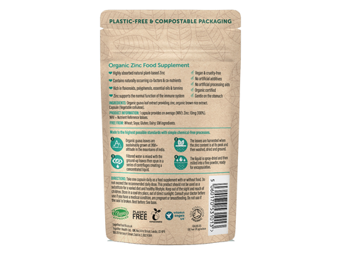 Together Health Organic Zinc from Guava Leaf 15 mg 30 Vegan Capsules pouch back label ingredients directions and barcode