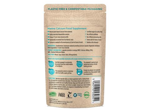 Together Health Plant Based Calcium from Seaweed 60 Vegan Capsules pouch back label ingredients directions and barcode
