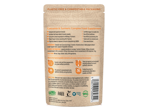 Together Health Turmeric Curcumin Complex 95 Percent with Black Pepper 30 Capsules pouch back label ingredients directions and barcode