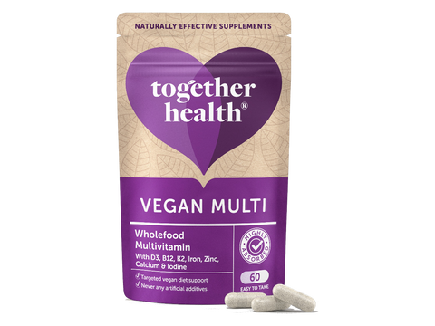 Together Health Vegan Multivitamin with B12 Iron D3 K2 60 Capsules pouch front label packaging with capsules