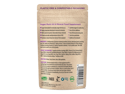 Together Health Vegan Multivitamin with B12 Iron D3 K2 60 Capsules pouch back label ingredients directions and barcode