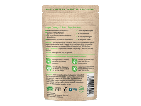Together Health Vegan Omega 3 from Algae DHA and EPA 30 Softgels pouch back label ingredients directions and barcode