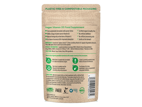 Together Health Vegan Vitamin D3 1000 IU from Lichen 30 Capsules pouch back label ingredients directions and barcode