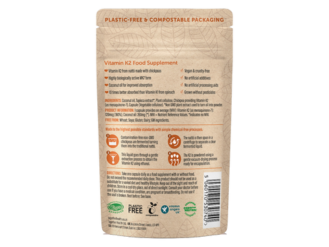 Together Health Vitamin K2 MK-7 Fermented Chickpeas 30 Capsules pouch back label ingredients directions and barcode