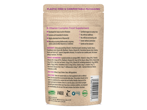 Together Health Whole Food B Complex 8 B Vitamins plus Vitamin C 30 Capsules pouch back label ingredients directions and barcode