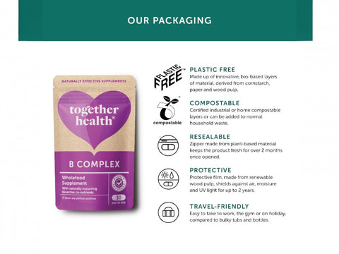 Together Health Whole Food B Complex 8 B Vitamins plus Vitamin C 30 Capsules plastic free compostable packaging information panel