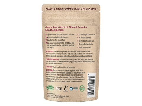 Together Health Whole Food Iron Supplement with Vitamin B12 and Folate 30 Capsules pouch back label ingredients directions and barcode
