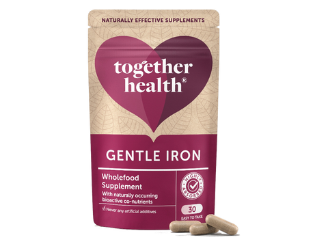 Together Health Whole Food Iron Supplement with Vitamin B12 and Folate 30 Capsules pouch front label packaging with capsules