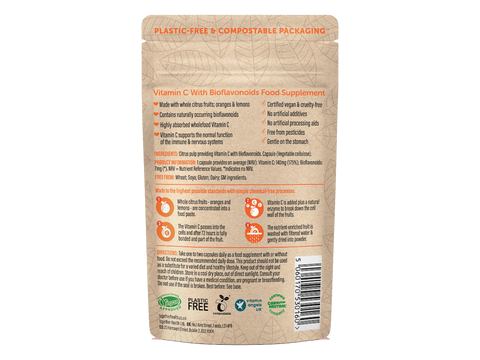 Together Health Whole Food Vitamin C from Oranges and Lemons 30 Capsules pouch back label ingredients directions and barcode