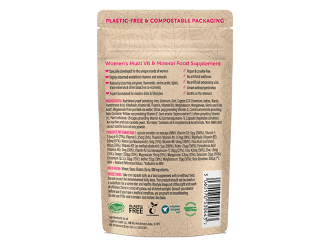 Together Health Women's Multivitamin Whole Food Formula with Iron 30 Capsules pouch back label ingredients directions and barcode
