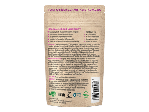 Together Health Women's Multivitamin with Ashwagandha and Sage 60 Capsules pouch back label ingredients directions and barcode