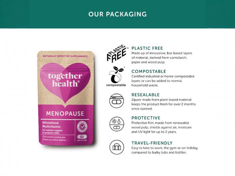 Together Health Women's Multivitamin with Ashwagandha and Sage 60 Capsules plastic free compostable packaging information panel