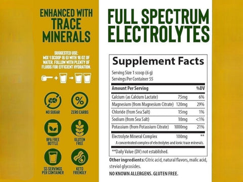 Trace Minerals Keto Electrolyte Powder Lemon Lime – 330 g (11.6 oz) supplement facts and ingredients label
