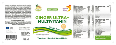 Supplement Facts Image: Swedish Nutra Ginger Ultra+ ingredients vitamins liquid 500ml packaging