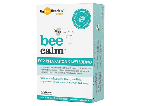 Unbeelievable Health Bee Calm Relaxation Support supplement bottle, 20 capsules.