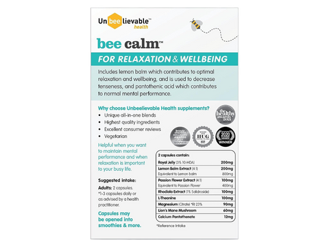 Back of Bee Calm bottle showing supplement facts and ingredients list.