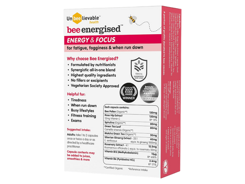 Unbeelievable Health Bee Energised supplement bottle, 20 capsules, on white background.