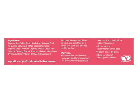 Supplement facts panel and ingredients list for Bee Energised capsules.