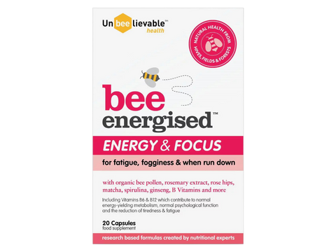 Unbeelievable Health Bee Energised supplement bottle, 20 capsules, on white background.