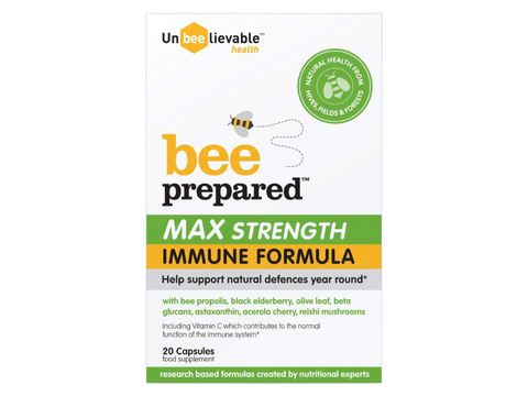 Unbeelievable Health Bee Prepared Immune Support supplement box, 20 capsules on a white background