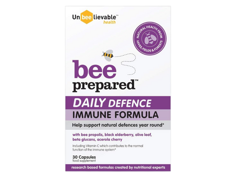 Unbeelievable Health Bee Prepared daily immune support supplement bottle, 30 capsules.