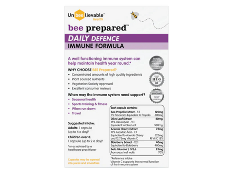 Ingredients and supplement facts for Bee Prepared wellness capsules.