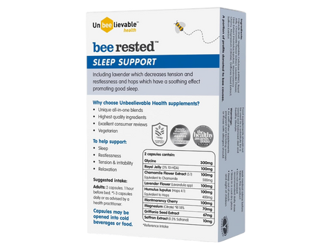 Supplement facts panel and ingredient list for Bee Rested capsules.