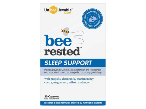 Unbeelievable Health Bee Rested nighttime relaxation supplement bottle, 20 capsules.