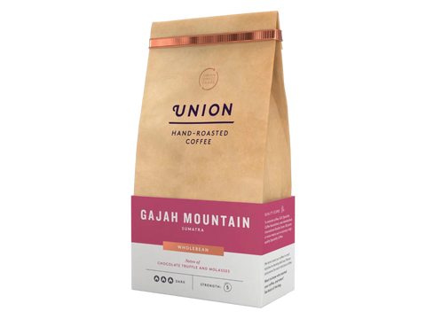 Coffee details, tasting notes, and brewing tips on bag.