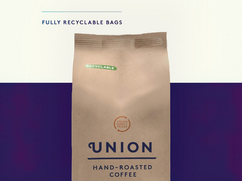 Union Hand-Roasted Coffee bag with recyclable label on a gradient background