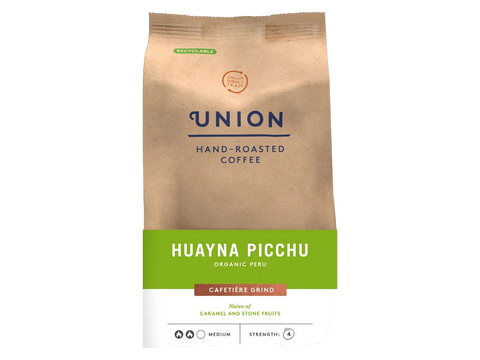 Union Hand-Roasted Coffee package with 'Huayna Picchu' branding on a white background
