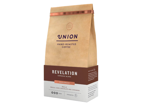 Coffee details, tasting notes, and espresso brewing guide on bag.