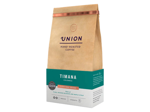 Coffee details, tasting notes, and origin story on bag.