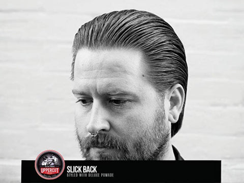 Uppercut Deluxe Pomade 100g styled slick back hairstyle example with high shine finish