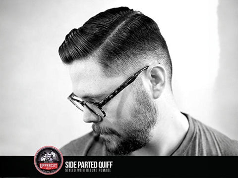 Uppercut Deluxe Pomade 100g styled slick back hairstyle example with high shine finish