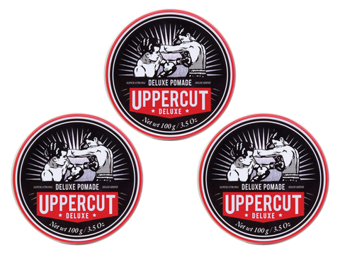 Uppercut Deluxe Pomade 100g front view of styling pomade 3 packs
