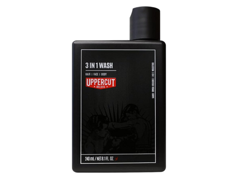 Uppercut Deluxe 3 in 1 Wash 240ml front view of all in one hair face and body wash bottle with branding