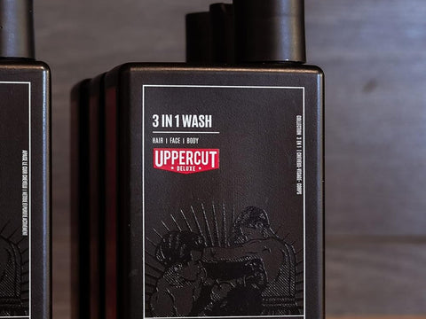 Uppercut Deluxe 3 in 1 Wash 240ml front view of all in one hair face and body wash bottle with branding