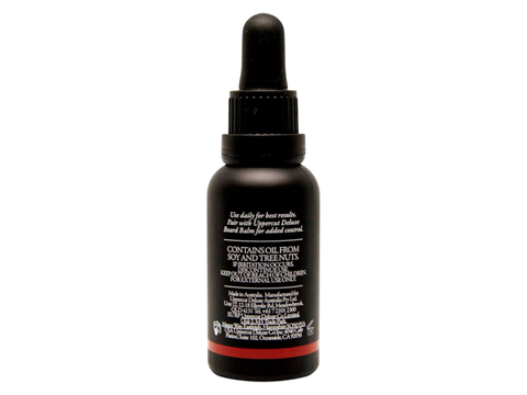 Uppercut Deluxe Beard Oil 30ml back view of beard conditioning oil bottle with branding