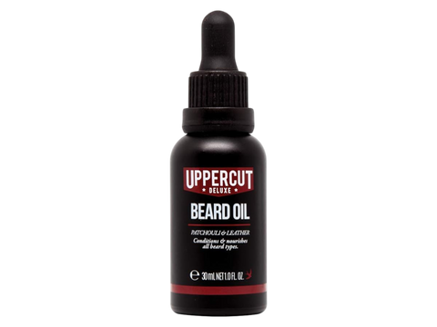 Uppercut Deluxe Beard Oil 30ml front view of beard conditioning oil bottle with branding
