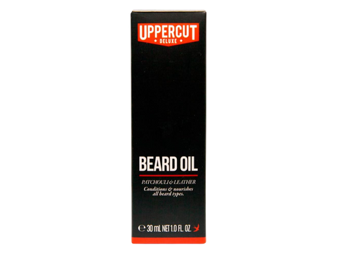 Uppercut Deluxe Beard Oil 30ml front view of beard conditioning oil box with branding