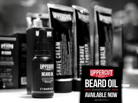 Uppercut Deluxe Beard Oil 30ml front view of beard conditioning oil bottle with branding