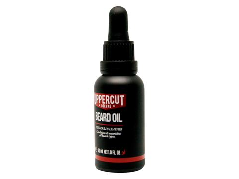 Uppercut Deluxe Beard Oil 30ml side view of beard conditioning oil bottle with branding