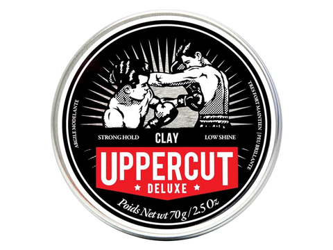 Uppercut Deluxe Clay 70g front view of hair styling clay tin with branding