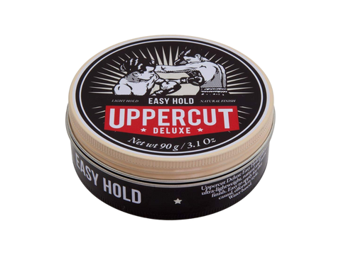 Uppercut Deluxe Easy Hold 90g top view of hair styling pomade tin with branding
